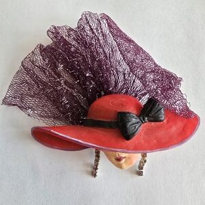Red Hat Society brooch red purple rhinestones tulle pendant
